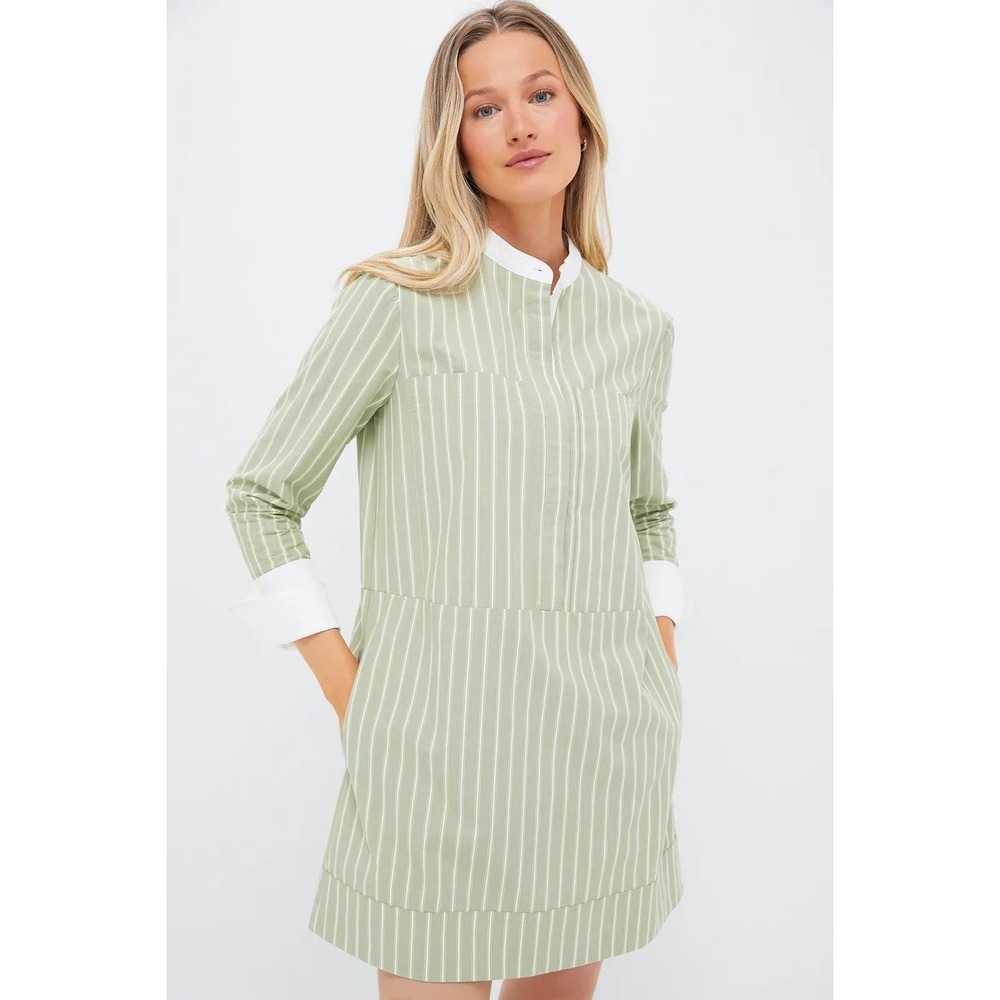 Pomander Place Green Striped‎ Cotton Mini Shirt Dress Mandarin Collar Womens